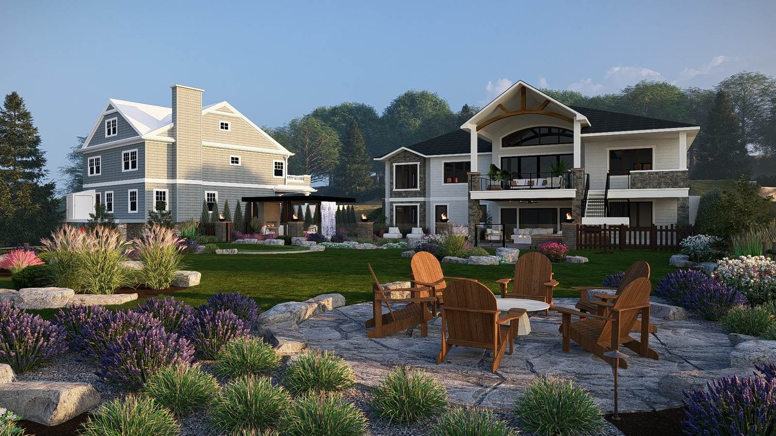 Designed backyard with firepit terrace, stone walls and planting